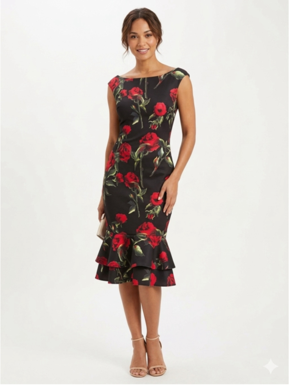 YaYa & Co. Women’s Red Rose Floral Off-Shoulder Ruffle Trumpet Midi Dress - Med